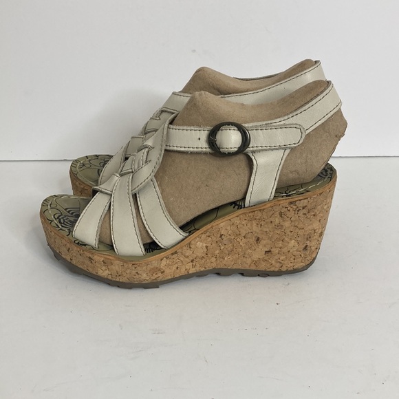 Fly London Shoes Womens 38 7.5 8 Cream Beige Leather Cork Wedge Platform Sandals - Picture 3 of 13